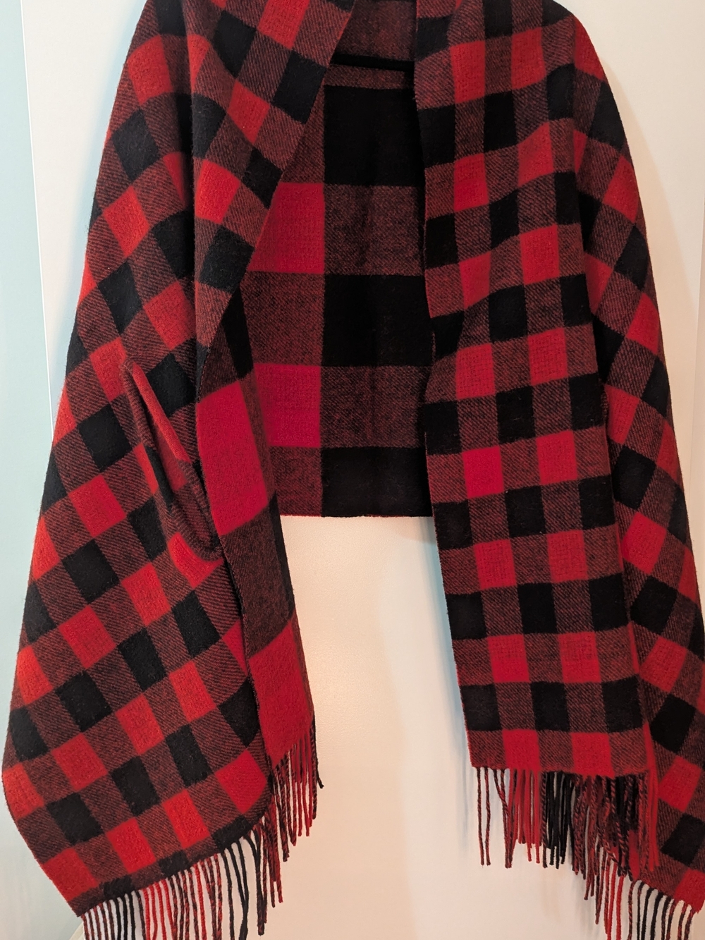 J.Crew Red and Black Buffalo Plaid Fringe Shawl With Armholes
